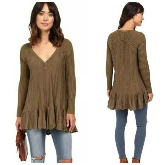 Free People Ribs and Ruffles Tunic Top Size Medium Olive Green Henley Peplum - Picture 1 of 11